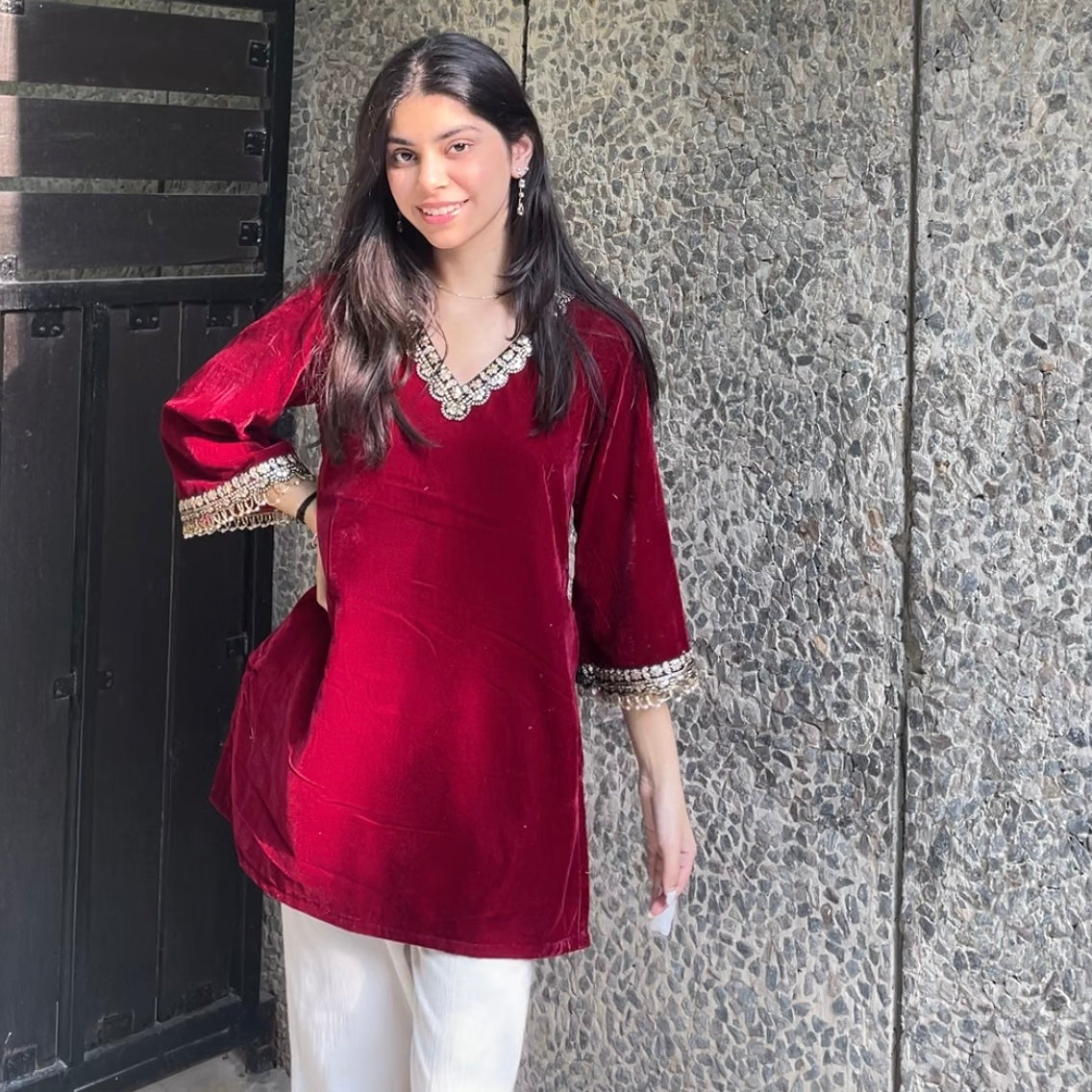 Burgundy velvet with pockets