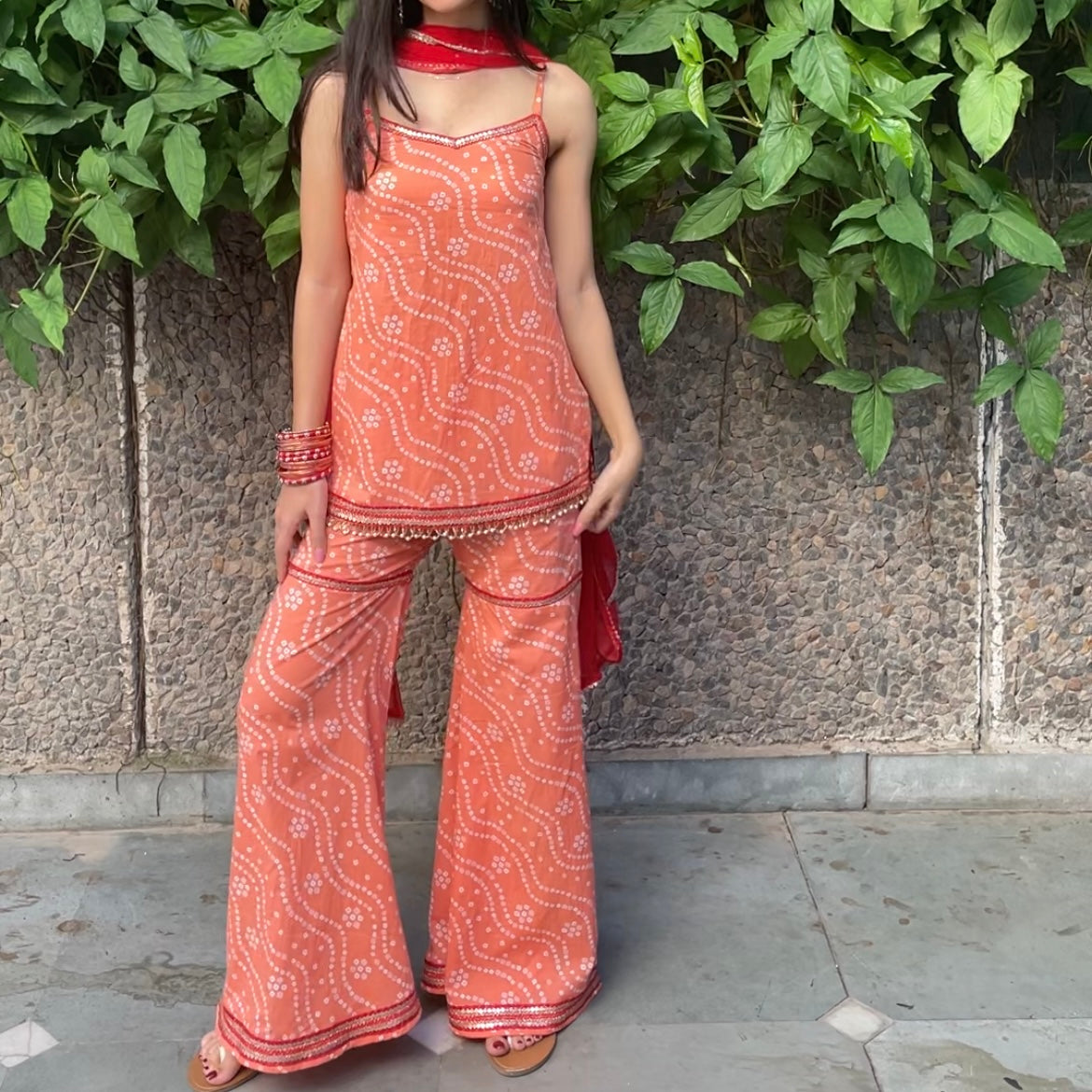 Peach bandhani Gharara set