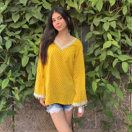 Short yellow bandhani kurti