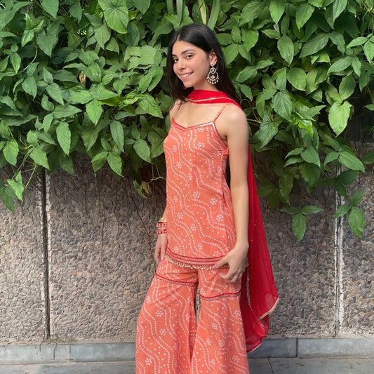 Peach bandhani Gharara set