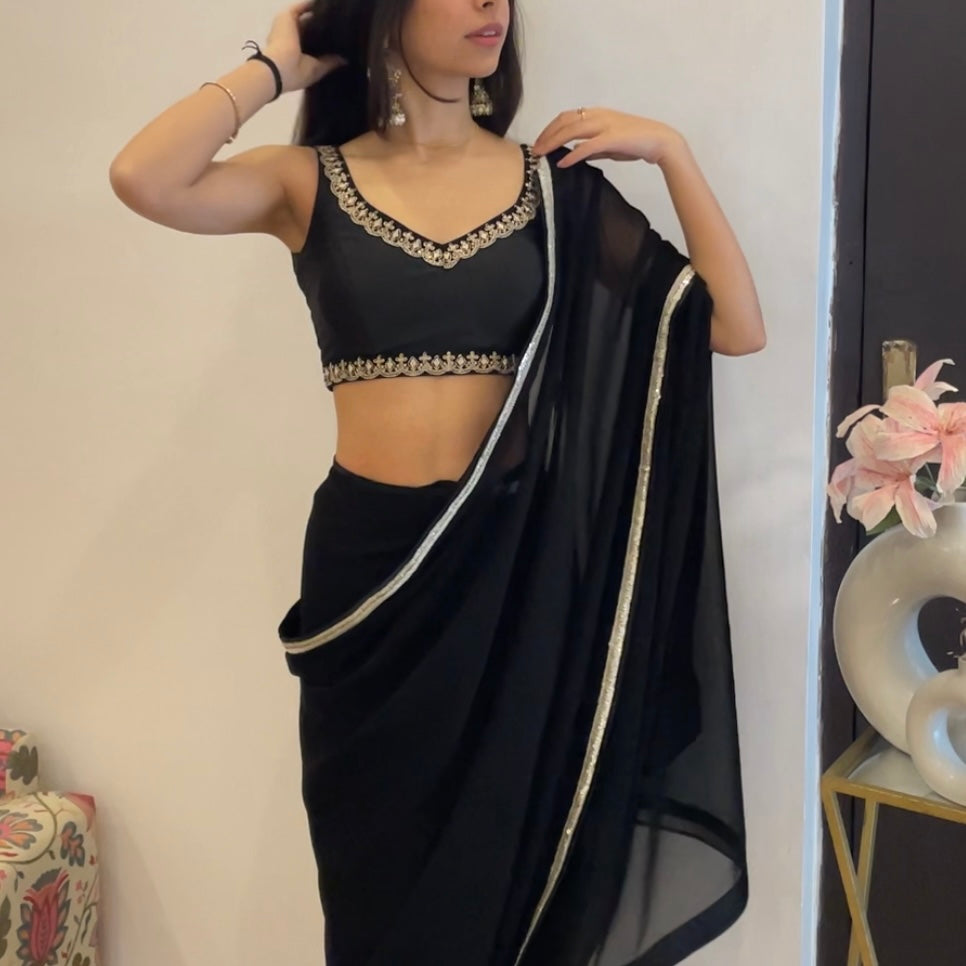 Black Pre stitched Saree