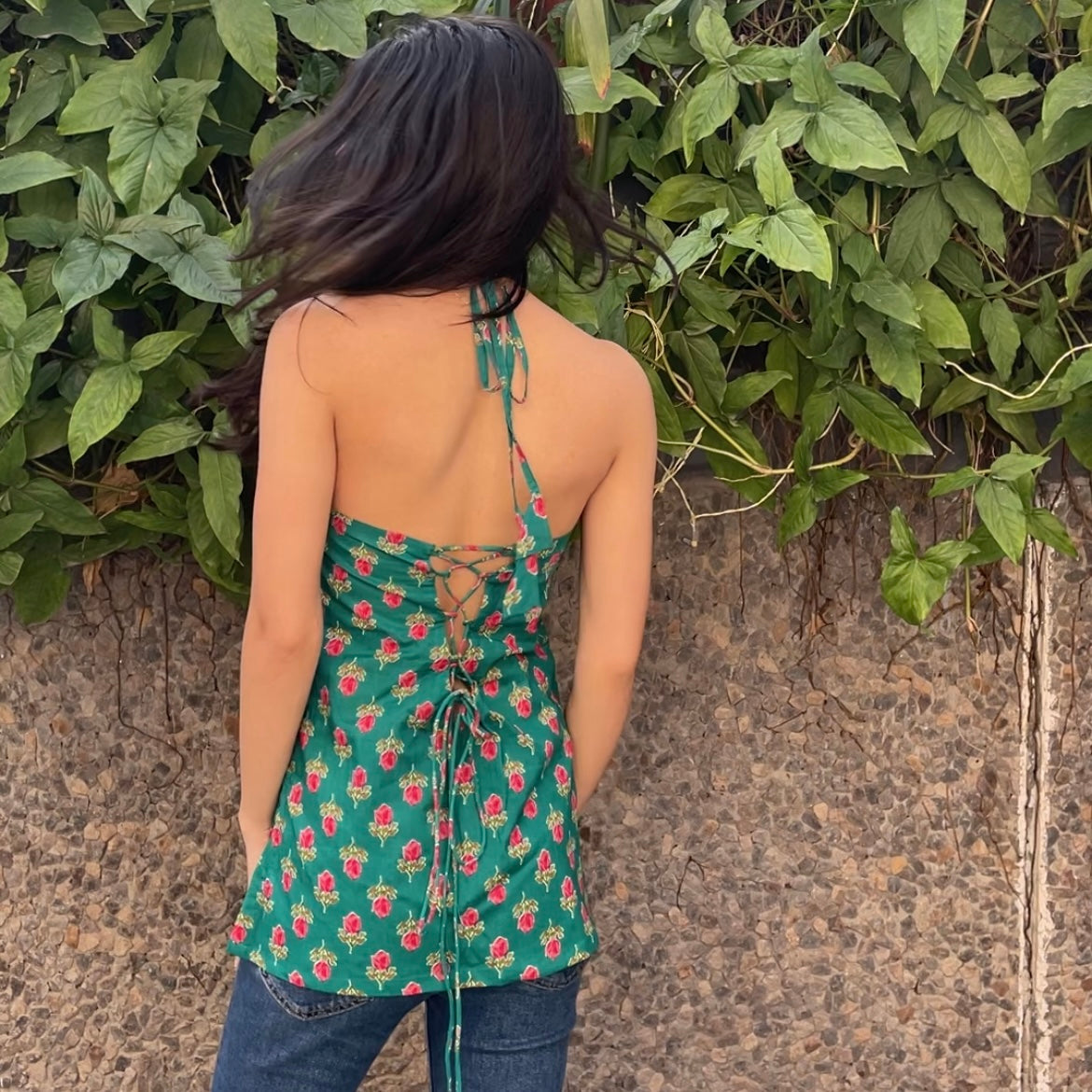 Padded halter green kurti