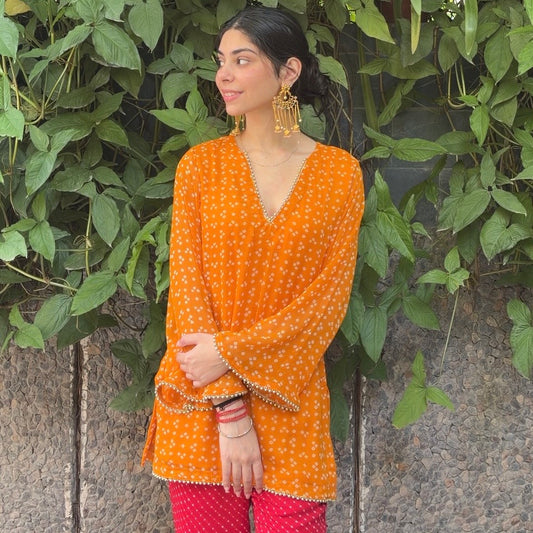 Orange bandhani Georgette kurti