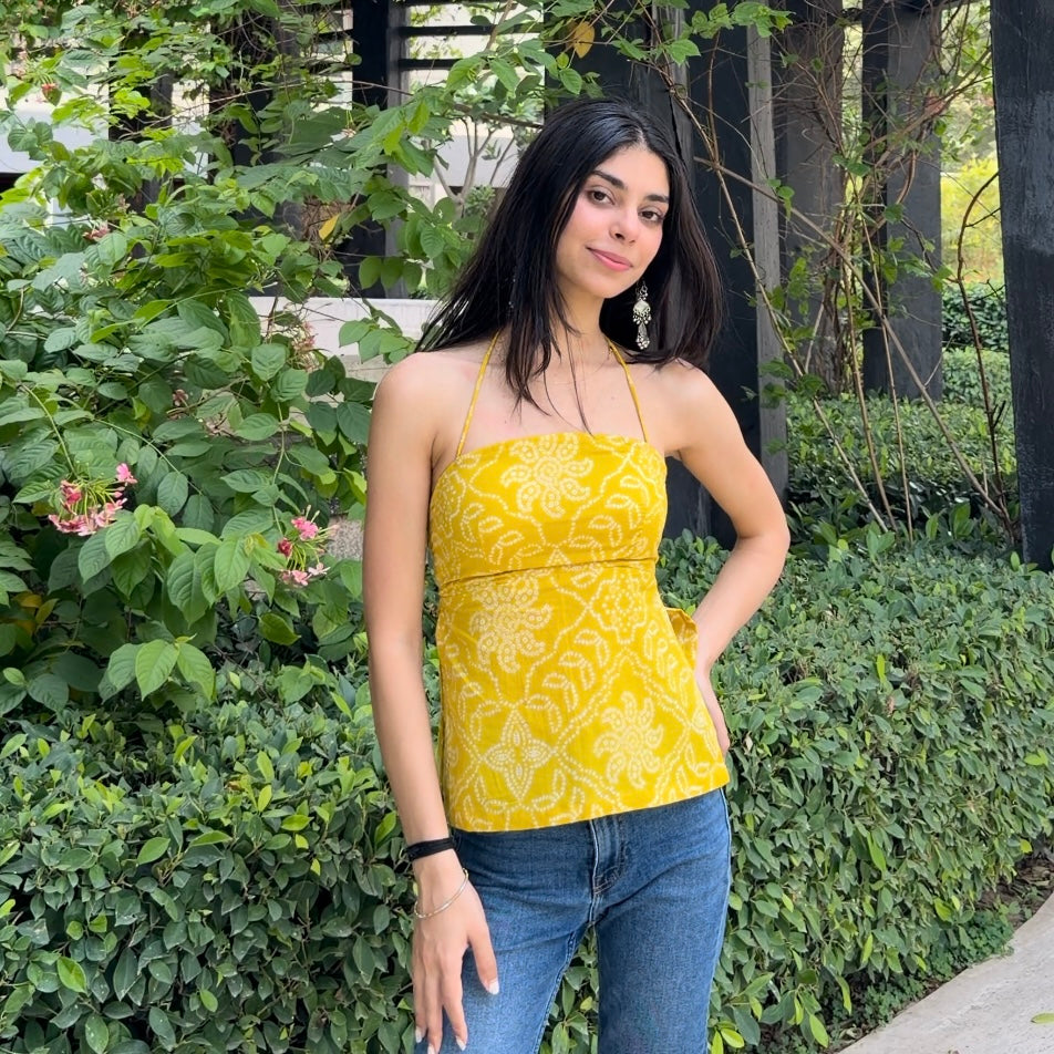 Yellow bandhani halter (padded)