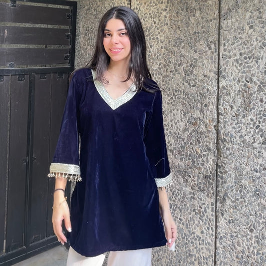 Navy blue velvet with pockets