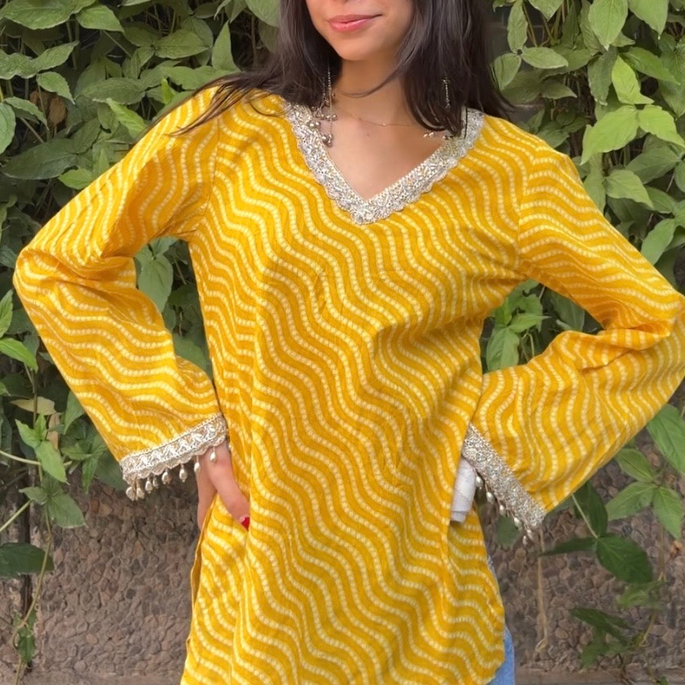 Short yellow bandhani kurti