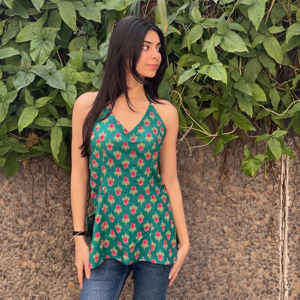 Padded halter green kurti