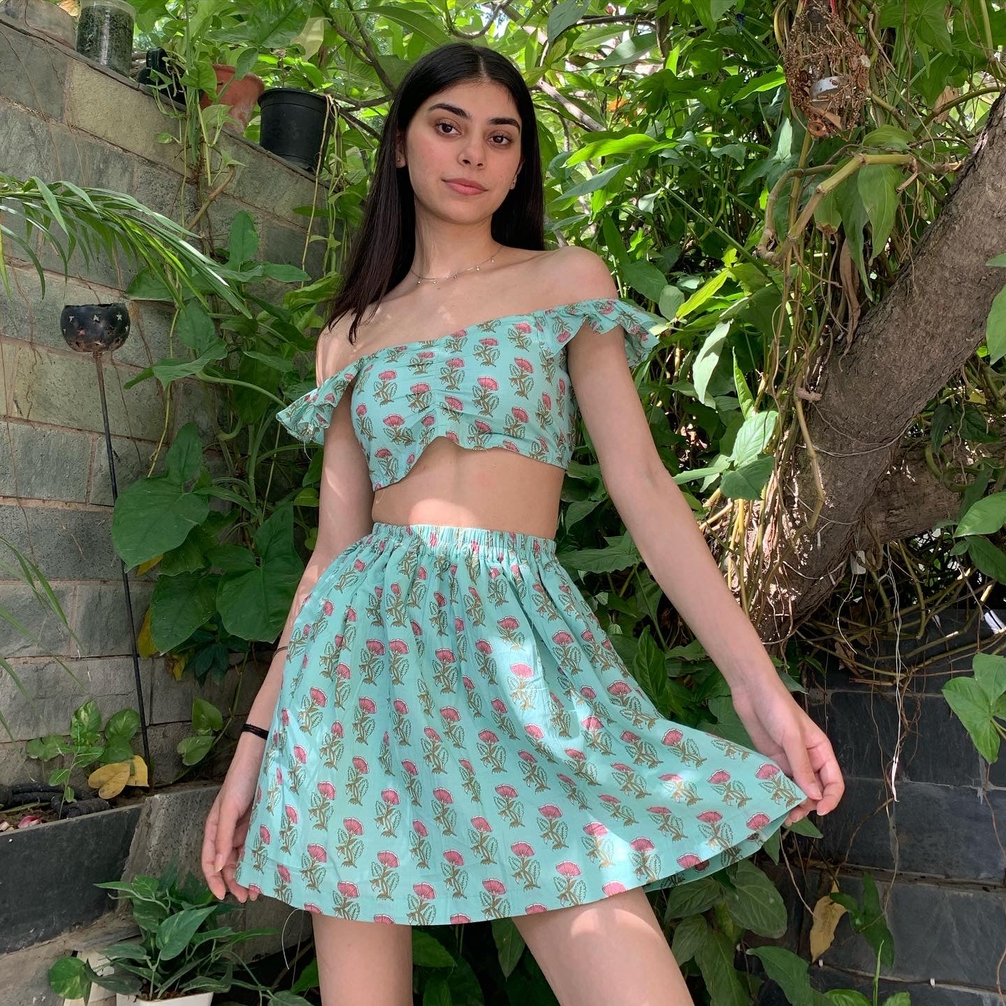 Floral Teal Top & Skirt Set